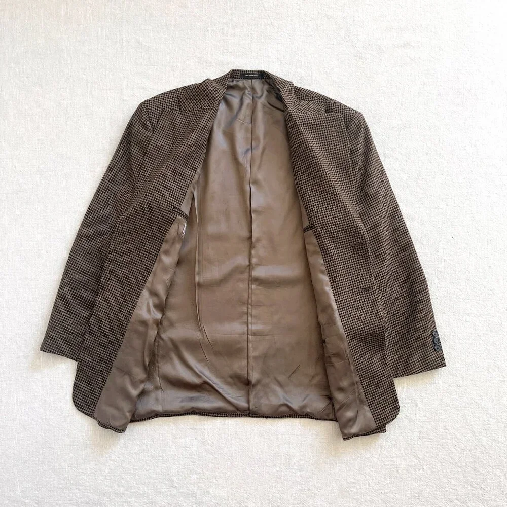 Vintage Men's Monsieur Givenchy Brown & Black Wool Houndstooth Blazer Jacket 44R